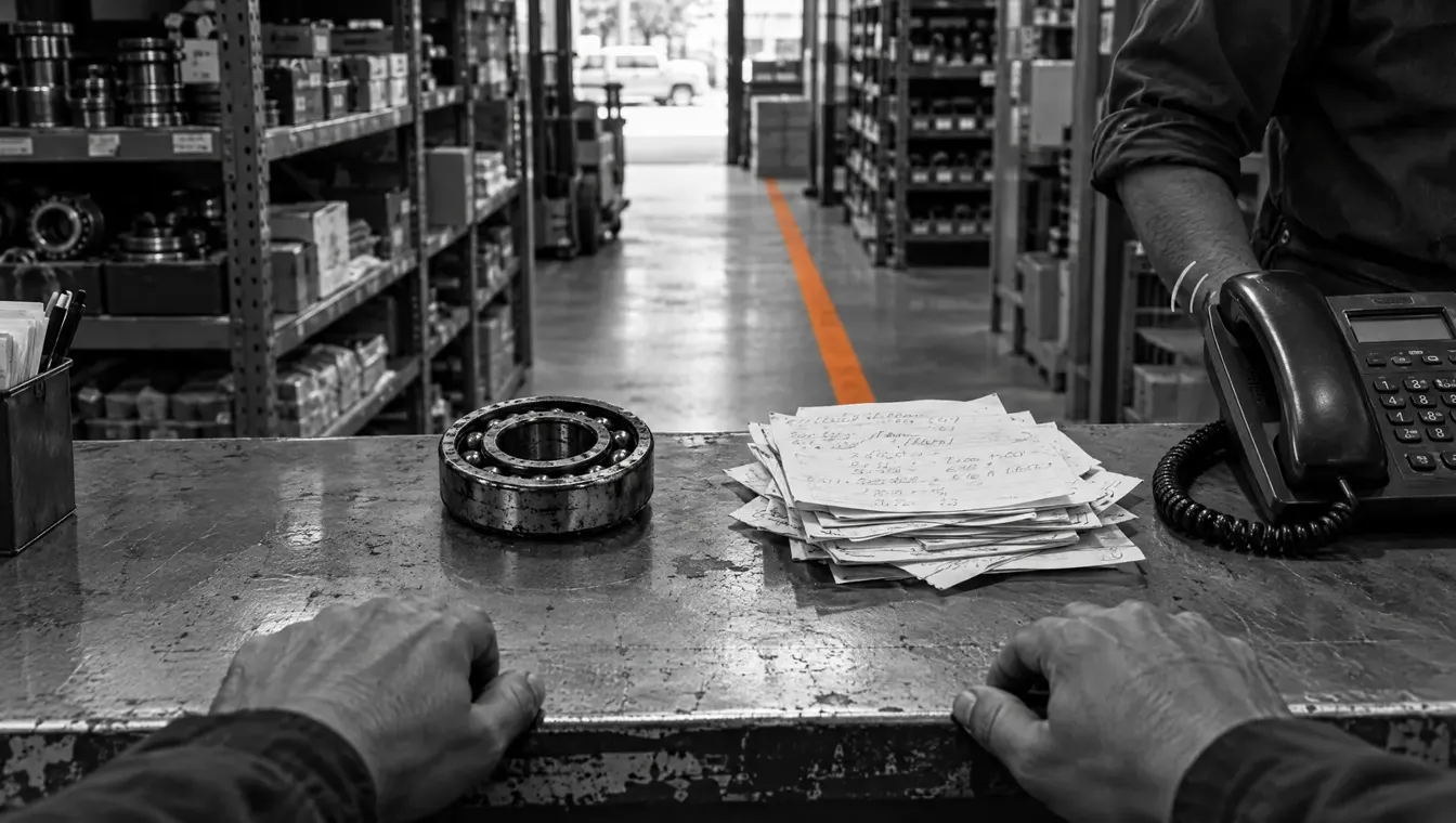 Especialista técnico en el mostrador esperando respuesta de ingeniería mientras su cliente aguarda
